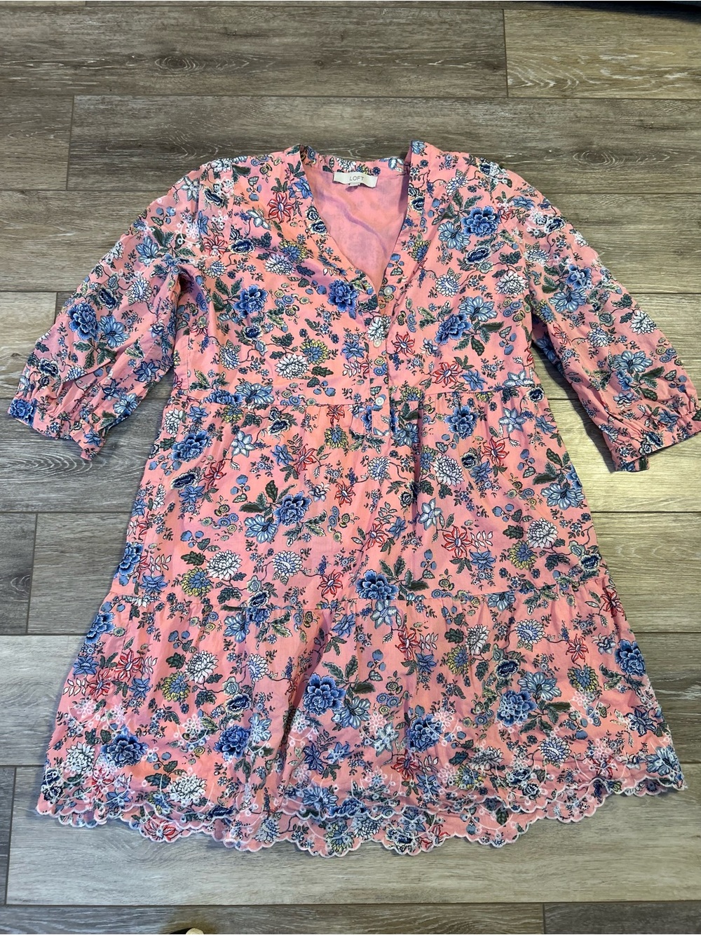 LOFT Pink Floral Tiered Midi Dress with Blue Floral Accents